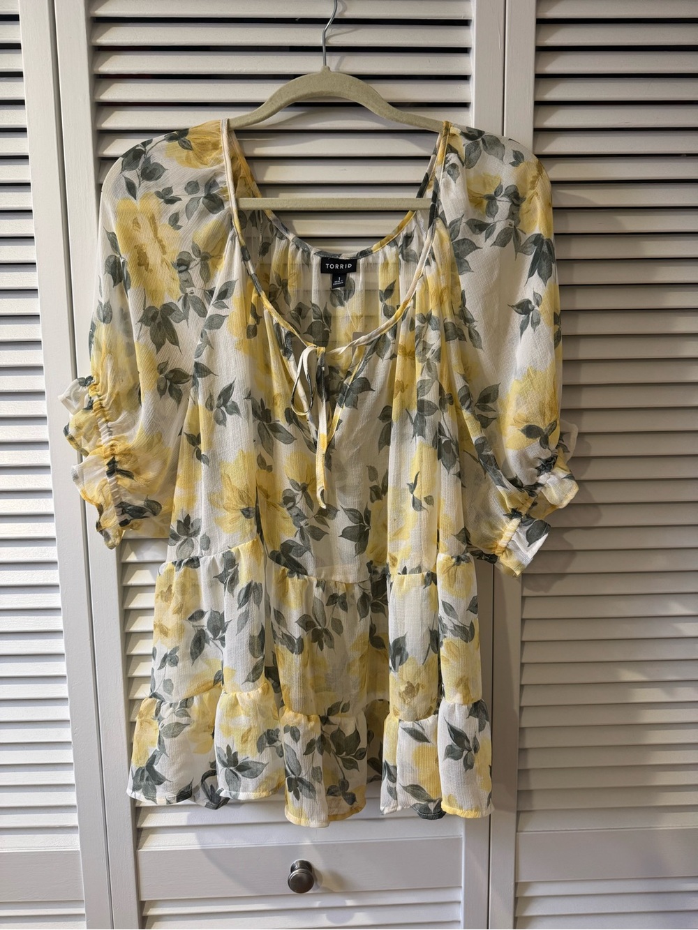 torrid Sheer Chiffon Floral Yellow Tiered Babydoll Top with Puffed Sleeves